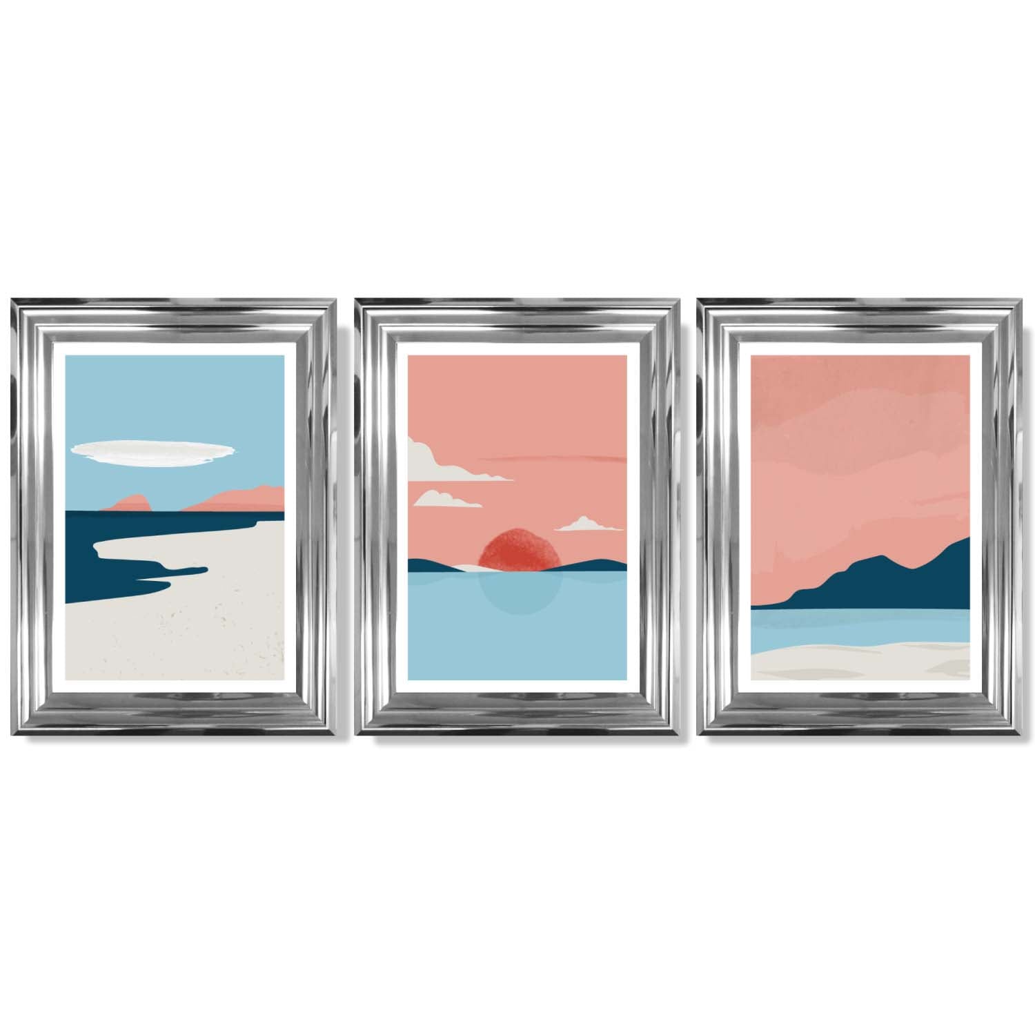 Set of 3 Abstract Pink Blue Coastal Framed Art Prints with Glossy Chrome Frames