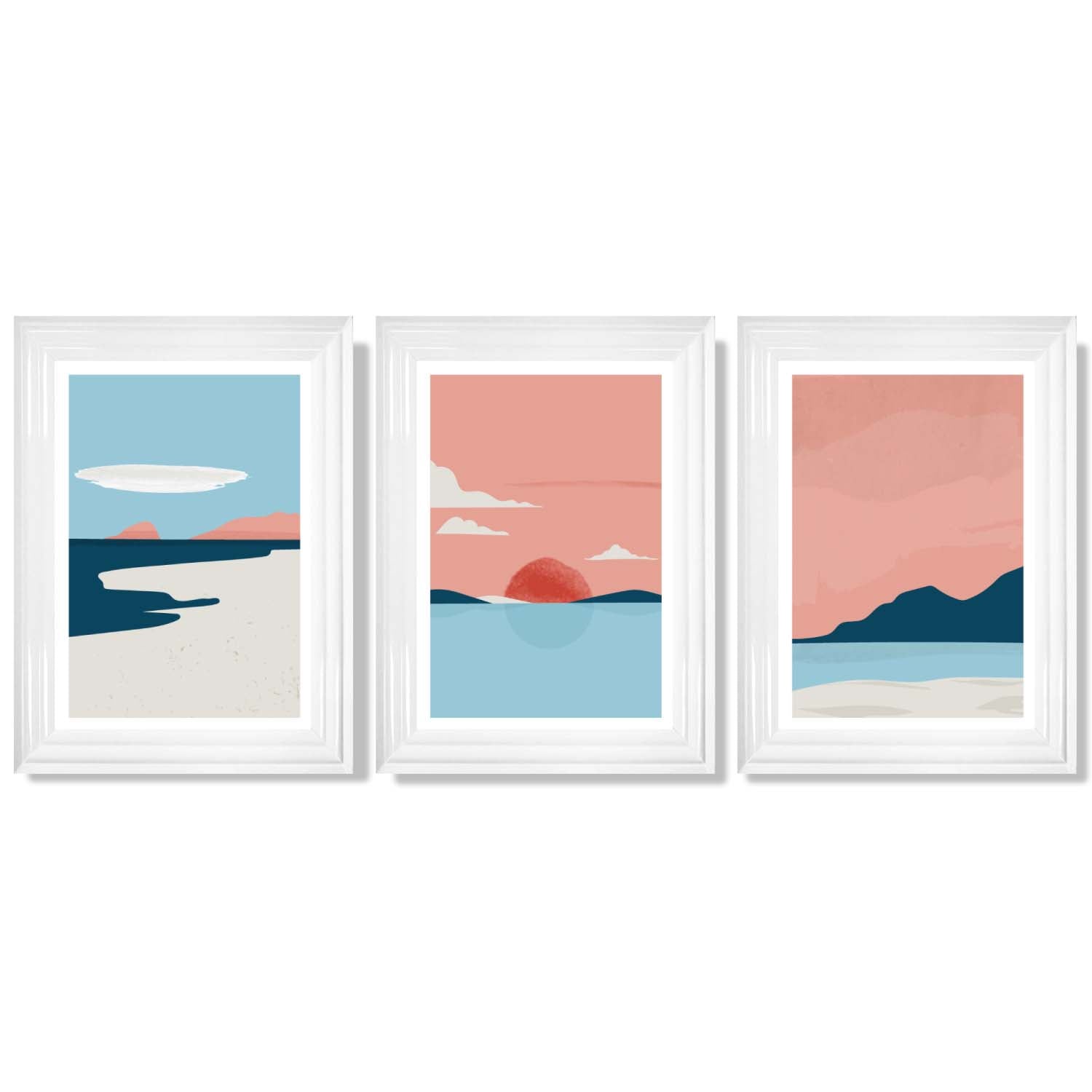 Set of 3 Abstract Pink Blue Coastal Framed Art Prints with Glossy White Frames