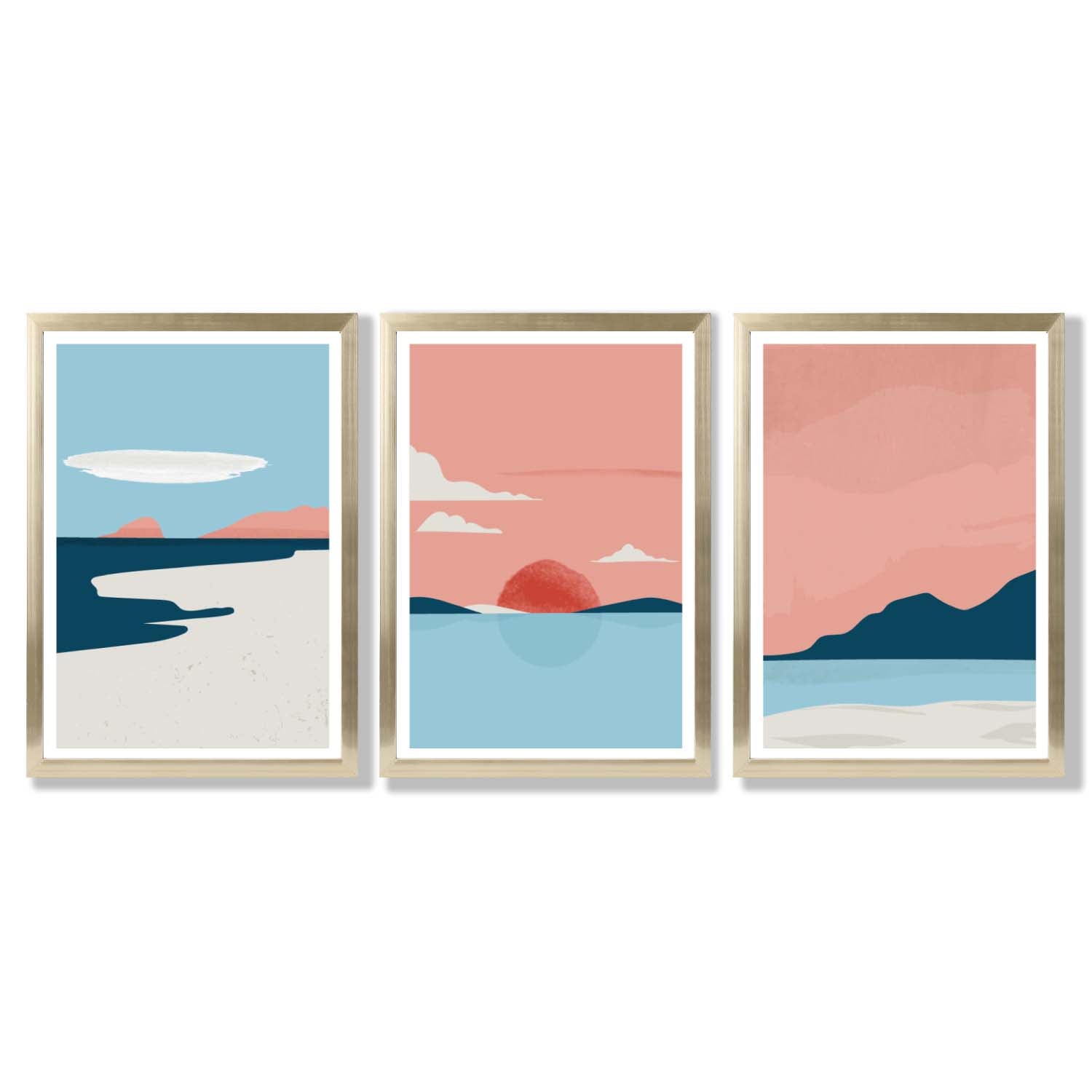 Set of 3 Abstract Pink Blue Coastal Framed Art Prints with Gold Wood Frames