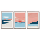 Set of 3 Abstract Pink Blue Coastal Framed Art Prints with Light Walnut Frames