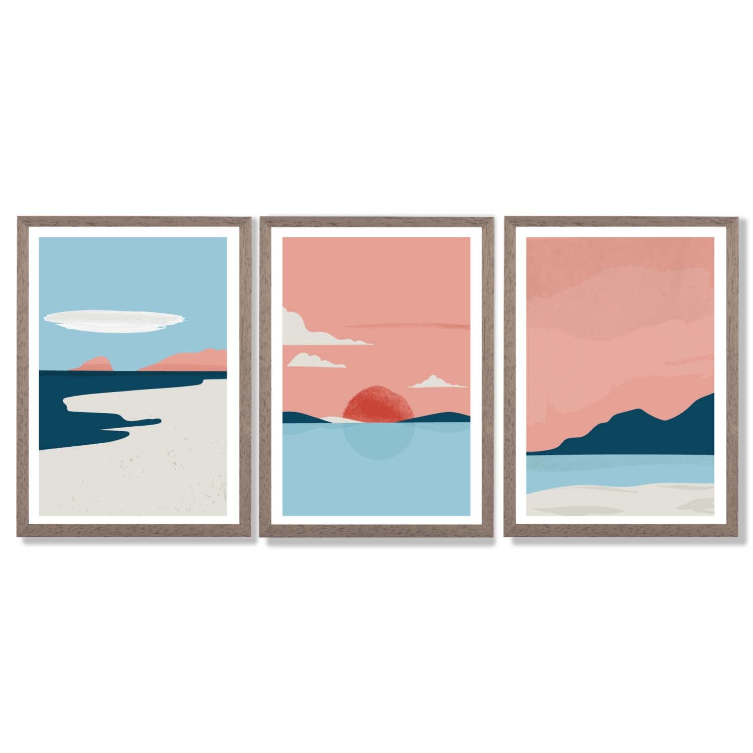 Set of 3 Abstract Pink Blue Coastal Framed Art Prints with Light Walnut Frames