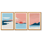 Set of 3 Abstract Pink Blue Coastal Framed Art Prints with Oak Wooden Frames