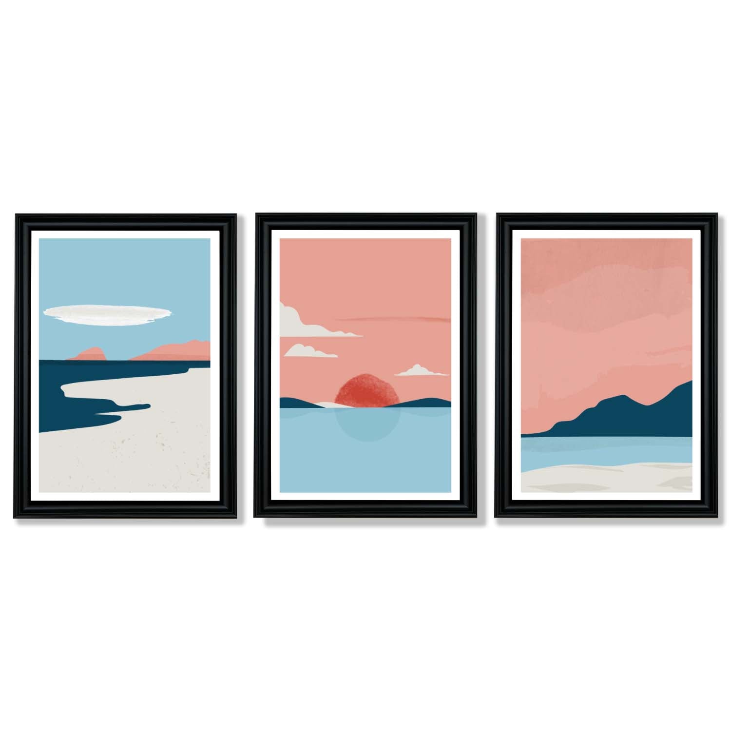 Set of 3 Abstract Pink Blue Coastal Framed Art Prints with Vermeer Black Frames