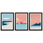 Set of 3 Abstract Pink Blue Coastal Framed Art Prints with Vermeer Black and Gold Frames