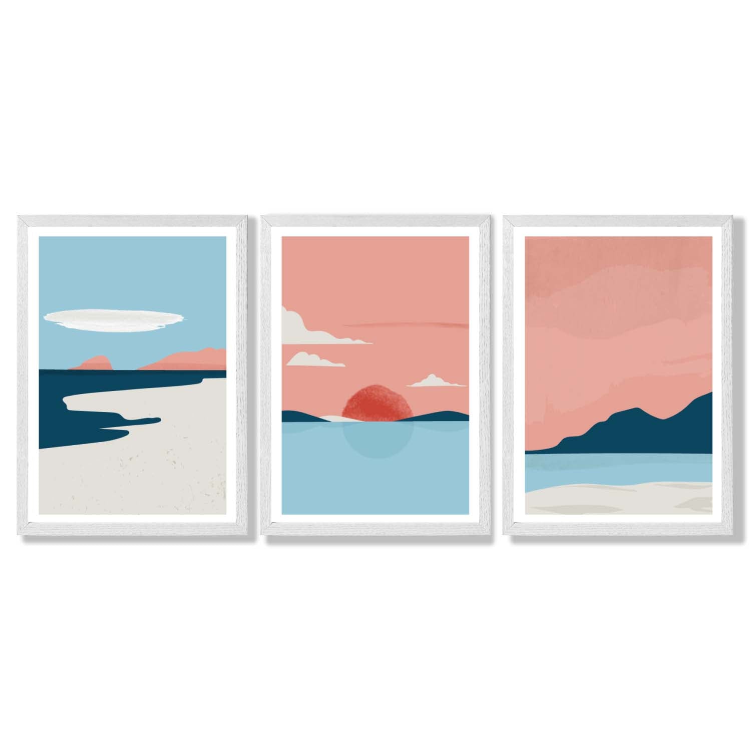 Set of 3 Abstract Pink Blue Coastal Framed Art Prints with White Wooden Frames