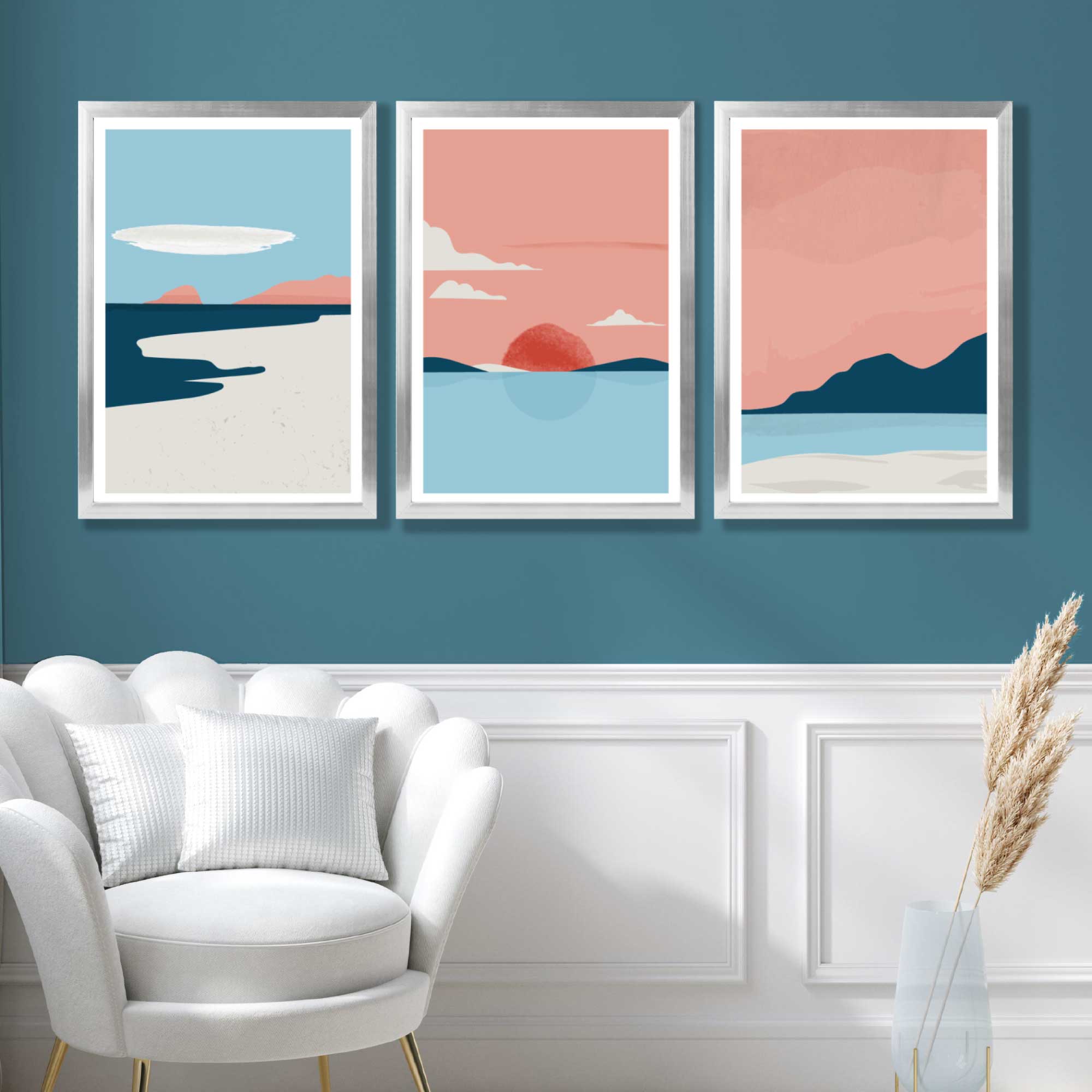 Set of 3 Abstract Pink Blue Coastal Art Prints in Luxury Frames | Artze UK