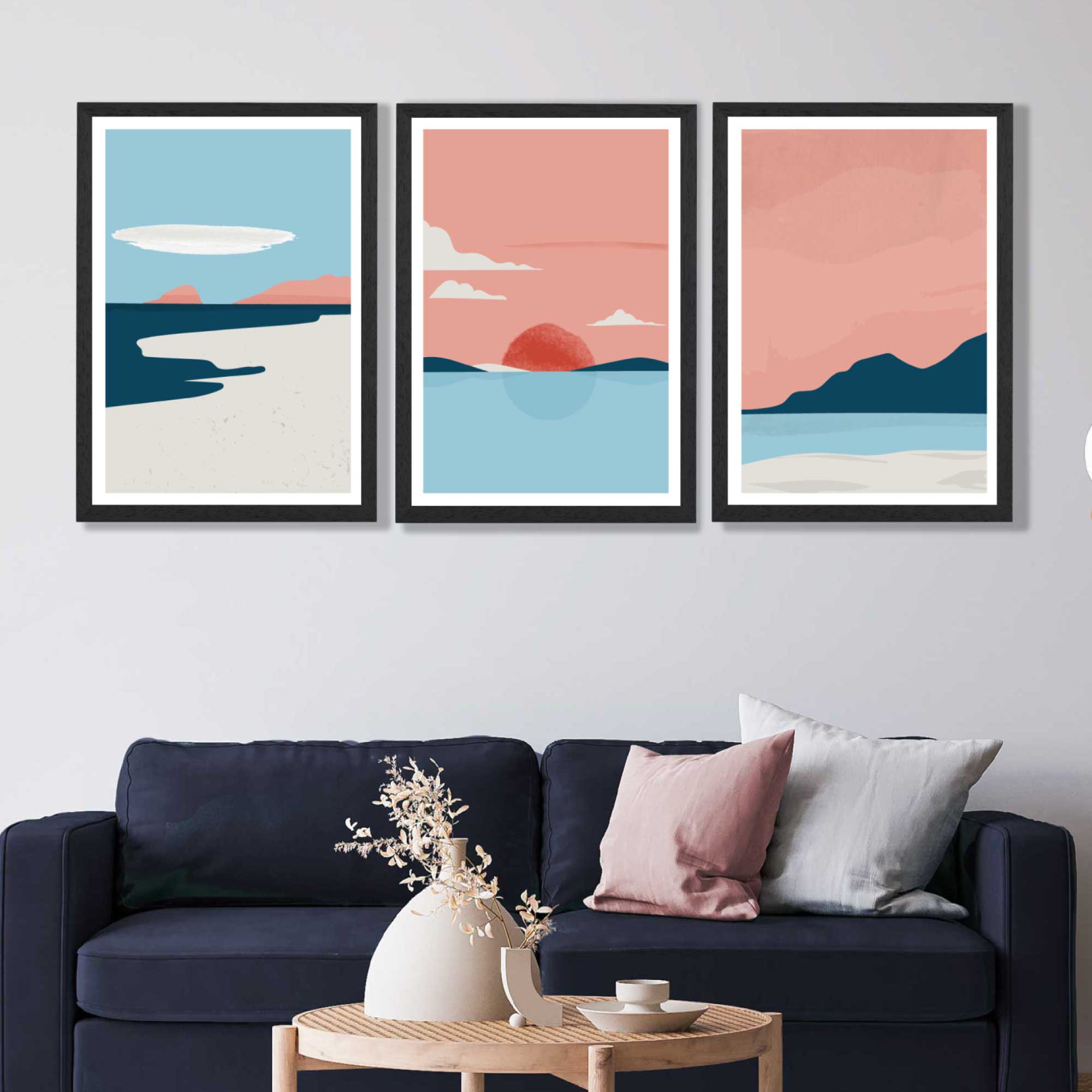 Set of 3 Abstract Pink Blue Coastal Art Prints in Black Frames | Artze UK