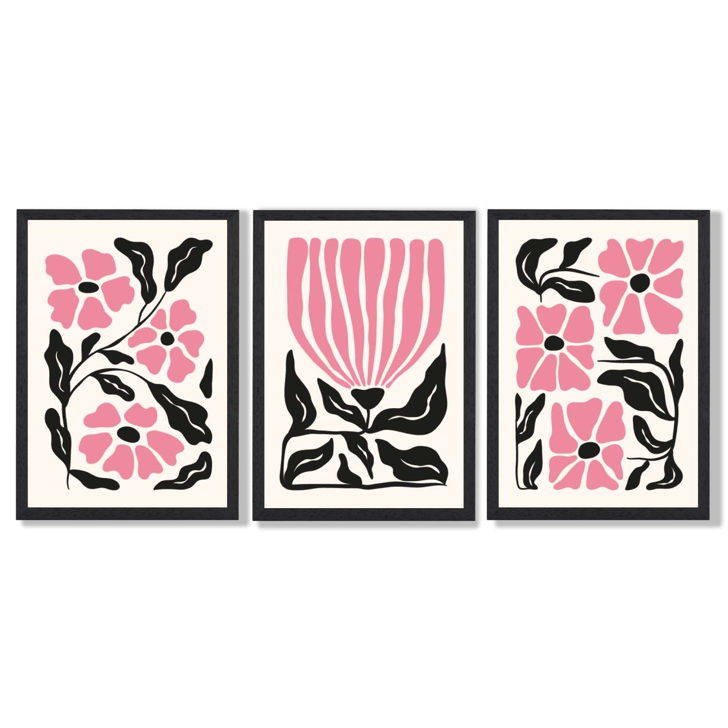 Set of 3 Boho Pink Black Floral Framed Art Prints with Black Wooden Frames