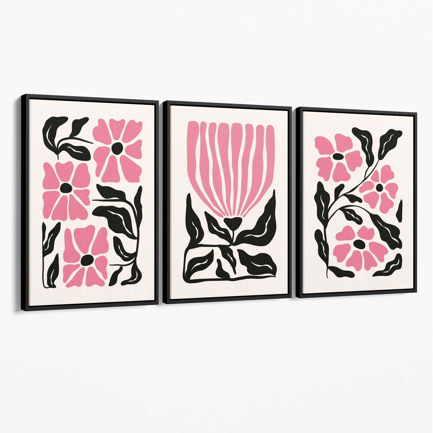 Set of 3 Boho Pink Black Floral Canvas Art Prints with Black Float Frame