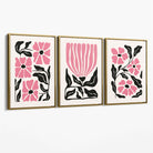 Set of 3 Boho Pink Black Floral Canvas Art Prints with Gold Float Frame