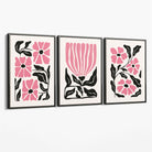 Set of 3 Boho Pink Black Floral Canvas Art Prints with Grey Float Frame