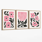 Set of 3 Boho Pink Black Floral Canvas Art Prints with Oak Float Frame