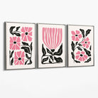 Set of 3 Boho Pink Black Floral Canvas Art Prints with Silver Float Frame