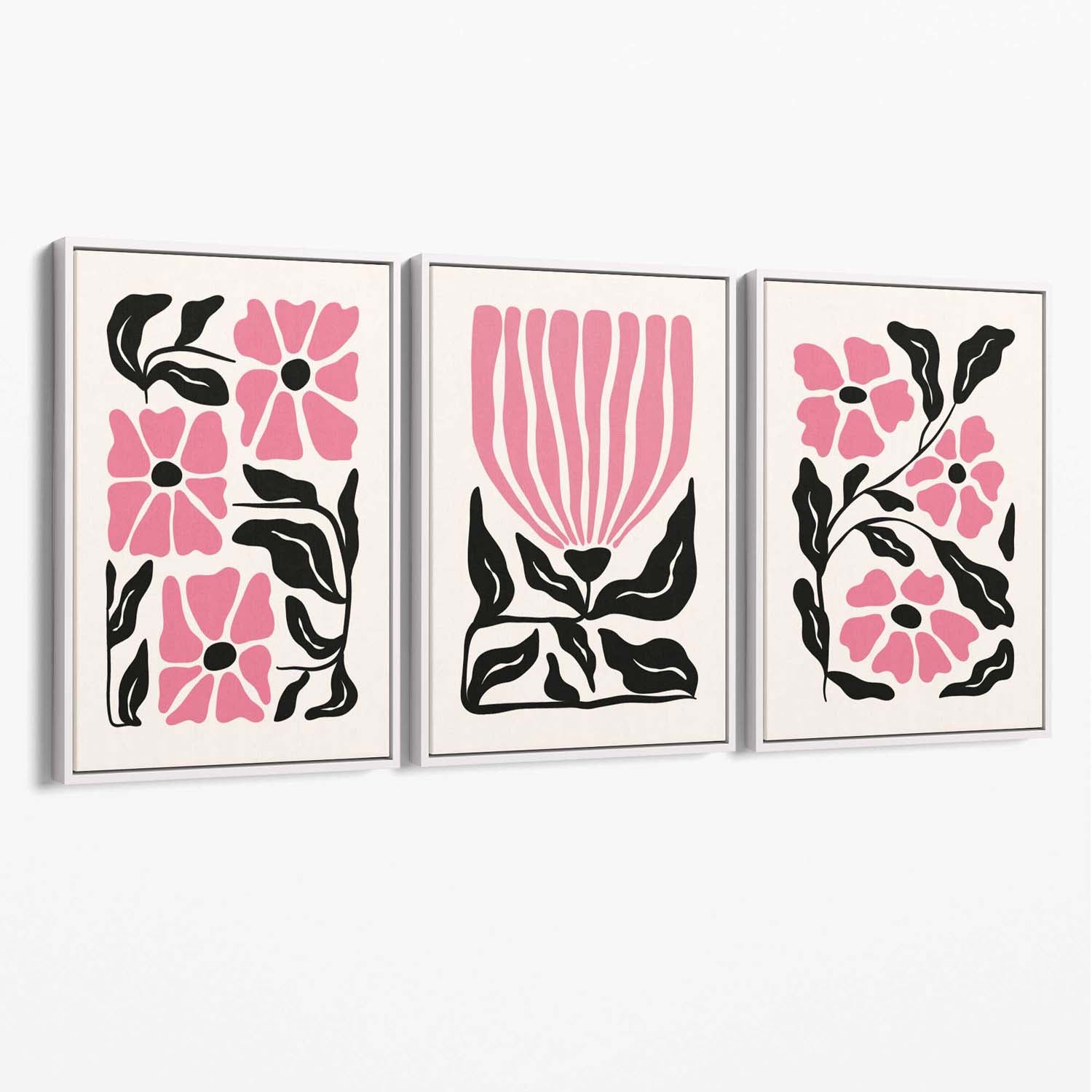 Set of 3 Boho Pink Black Floral Canvas Art Prints with White Float Frame