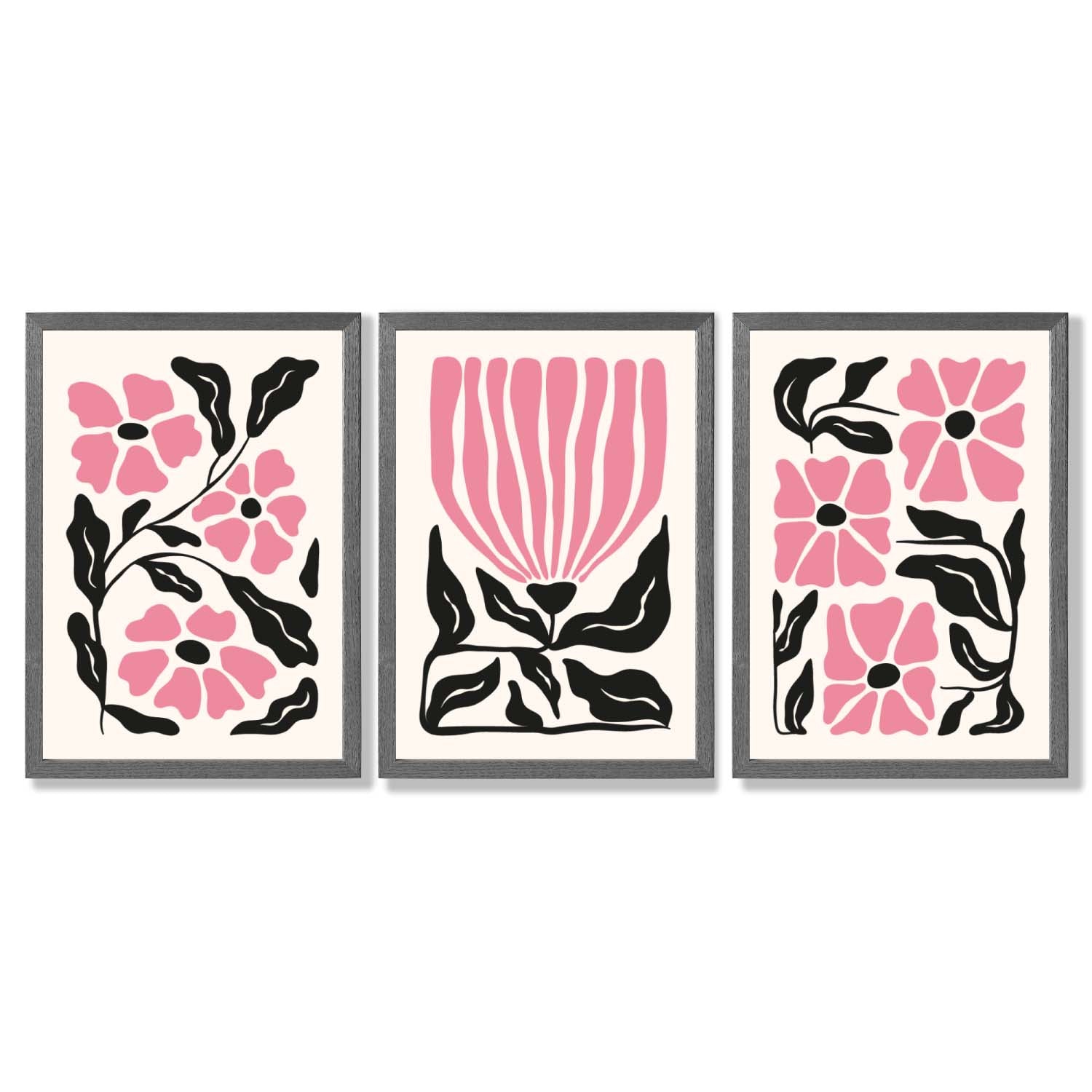 Set of 3 Boho Pink Black Floral Framed Art Prints with Dark Grey Wooden Frames