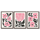 Set of 3 Boho Pink Black Floral Framed Art Prints with Dark Wood Frames