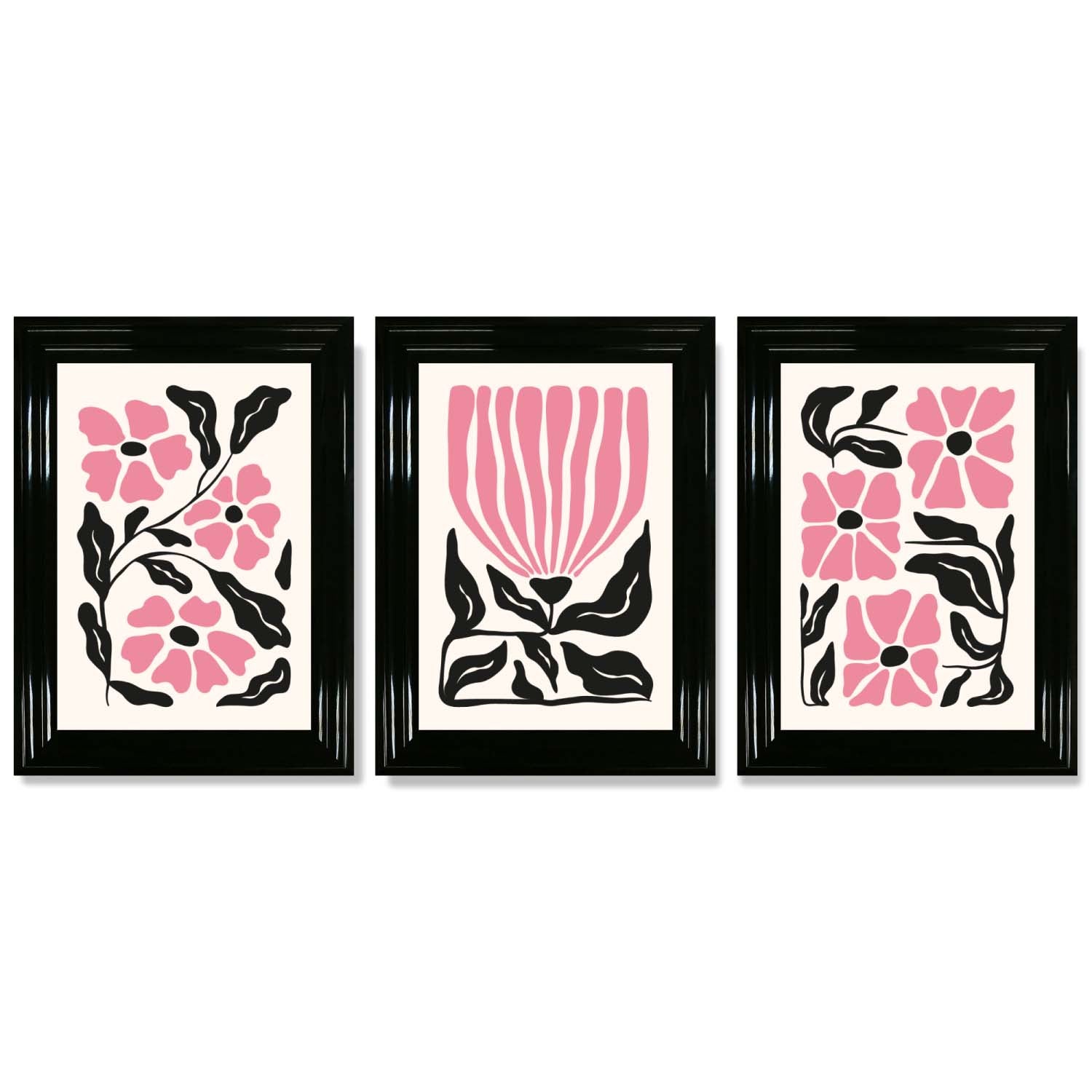 Set of 3 Boho Pink Black Floral Framed Art Prints with Glossy Black Frames