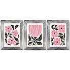 Set of 3 Boho Pink Black Floral Framed Art Prints with Glossy Chrome Frames