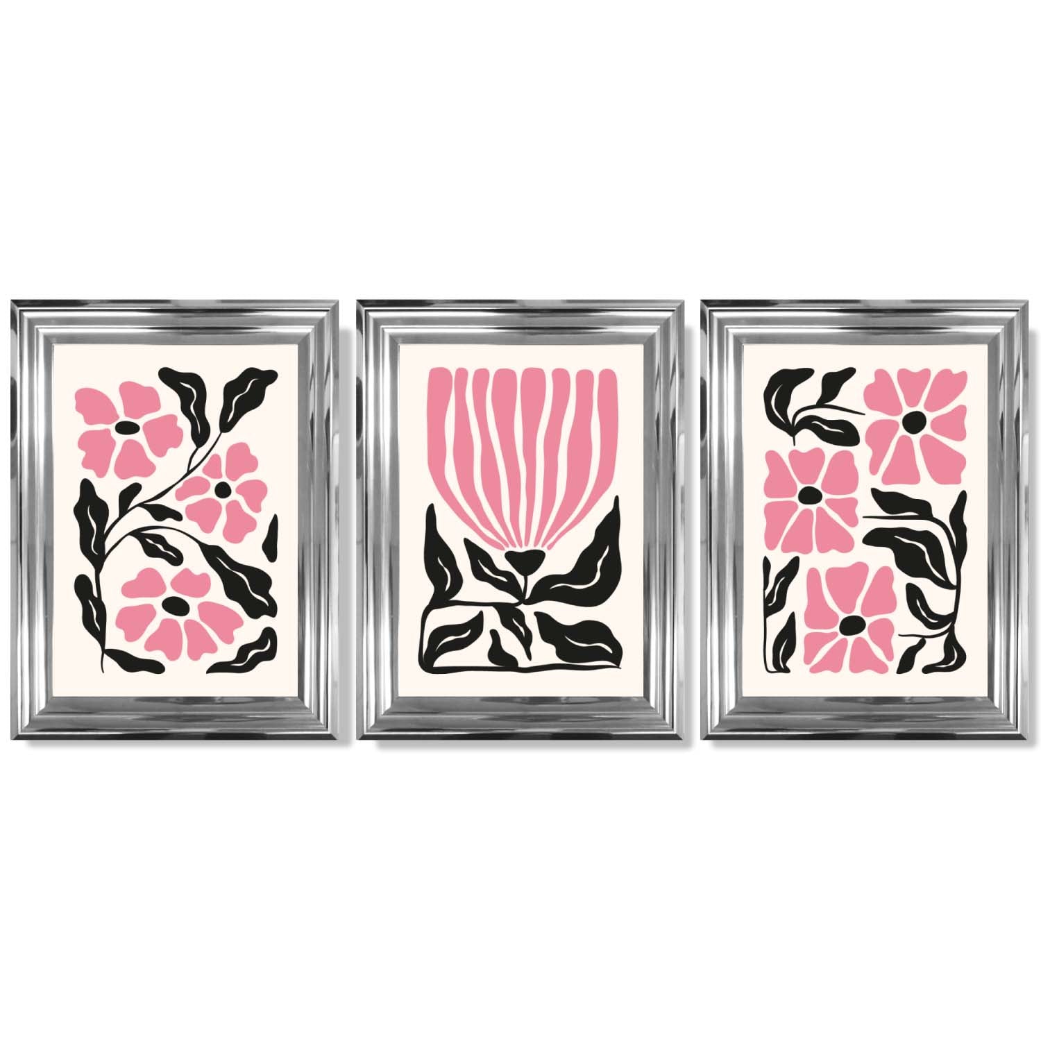 Set of 3 Boho Pink Black Floral Framed Art Prints with Glossy Chrome Frames