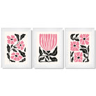 Set of 3 Boho Pink Black Floral Framed Art Prints with Glossy White Frames