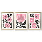 Set of 3 Boho Pink Black Floral Framed Art Prints with Gold Wood Frames