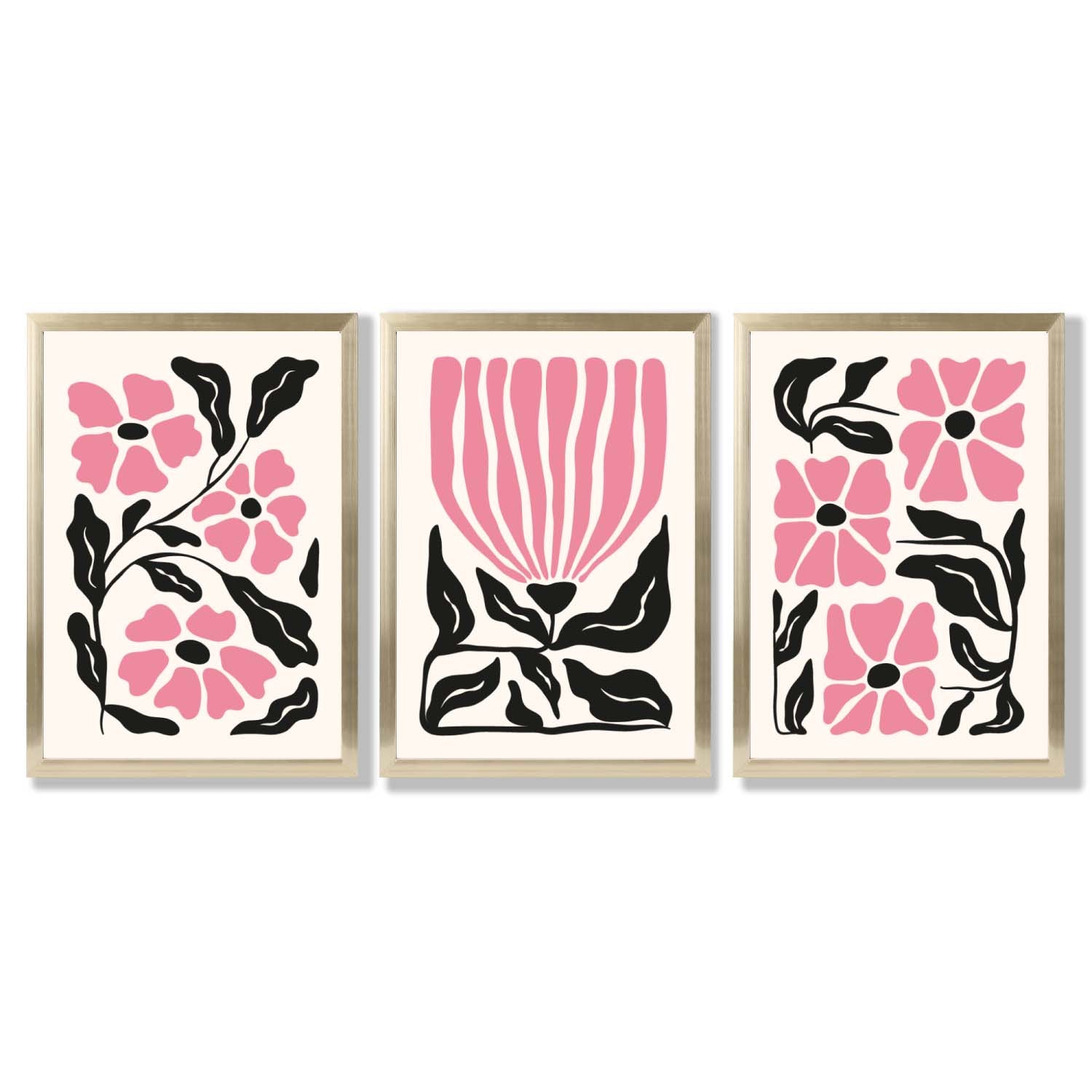 Set of 3 Boho Pink Black Floral Framed Art Prints with Gold Wood Frames