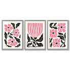 Set of 3 Boho Pink Black Floral Framed Art Prints with Light Grey Wooden Frames