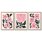 Set of 3 Boho Pink Black Floral Framed Art Prints with Light Oak Frames