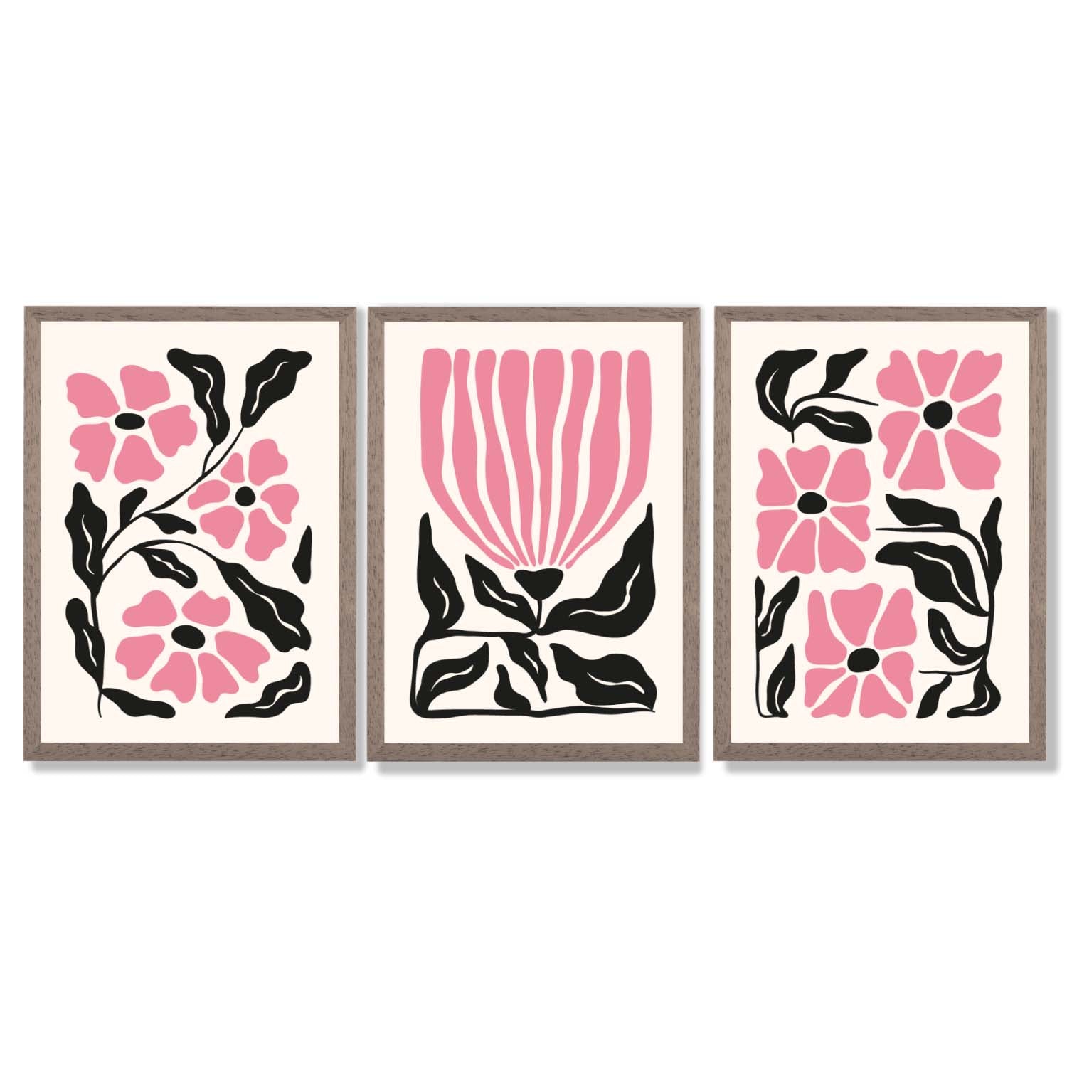 Set of 3 Boho Pink Black Floral Framed Art Prints with Light Walnut Frames