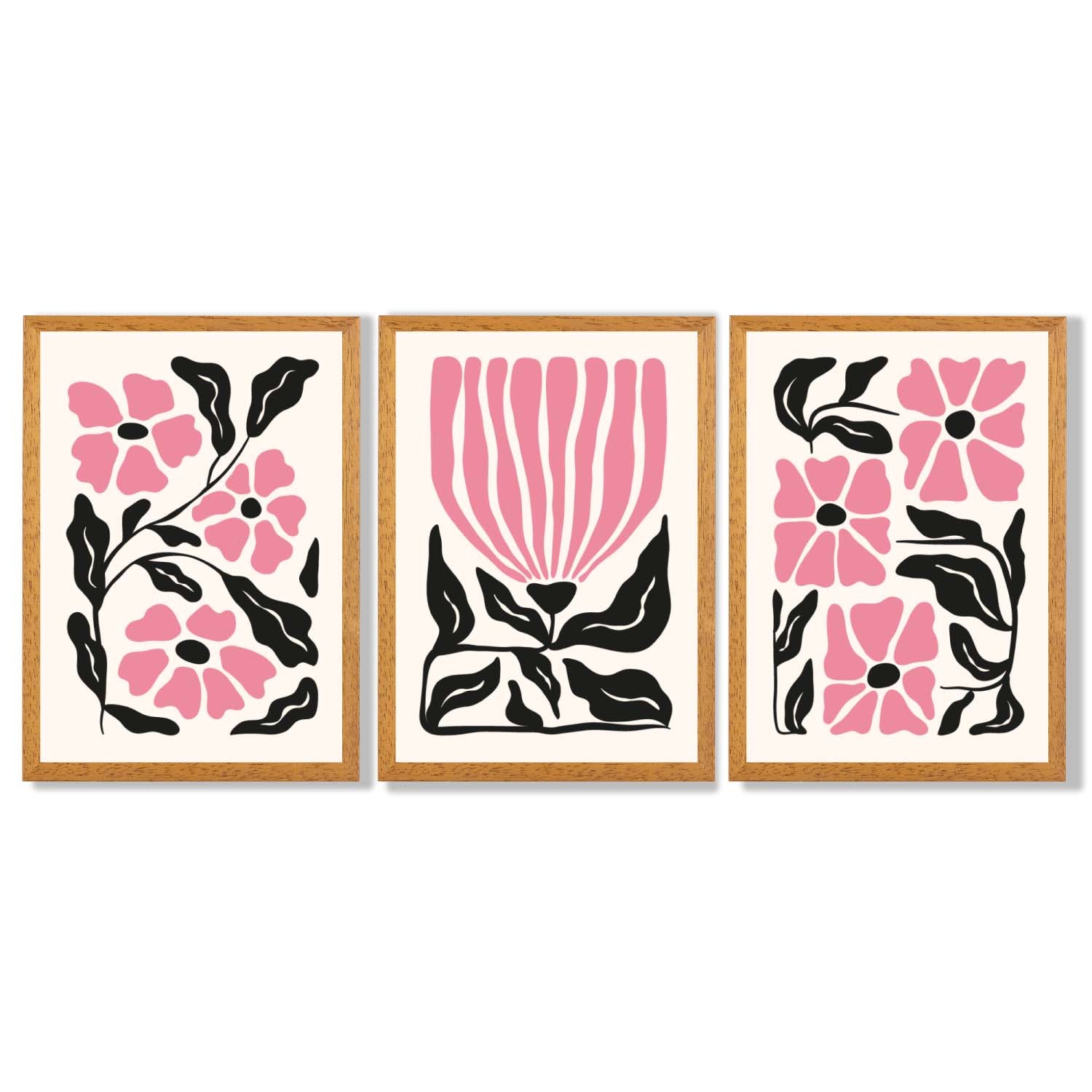 Set of 3 Boho Pink Black Floral Framed Art Prints with Oak Wooden Frames