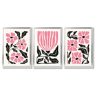 Set of 3 Boho Pink Black Floral Framed Art Prints with Silver Wood Frames