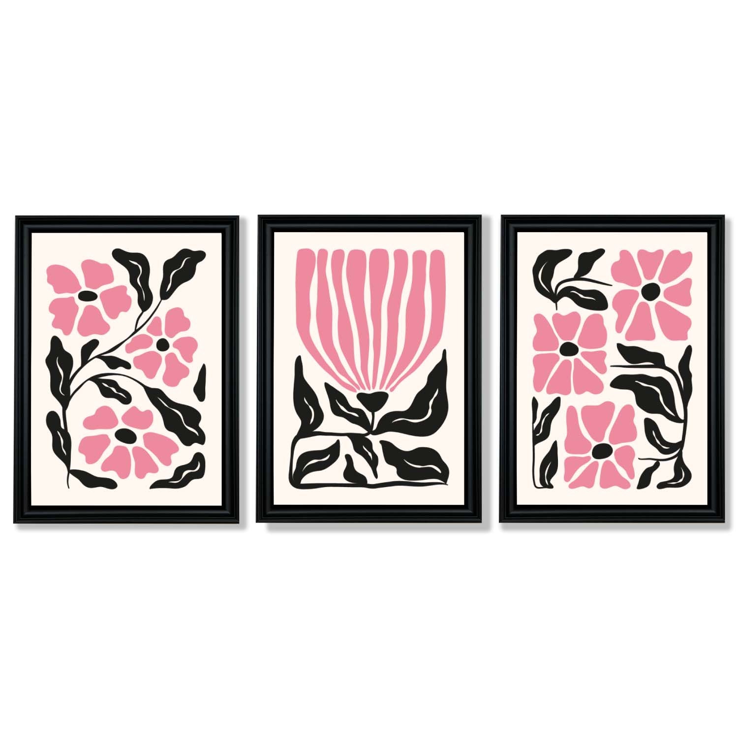 Set of 3 Boho Pink Black Floral Framed Art Prints with Vermeer Black Frames