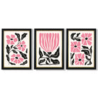 Set of 3 Boho Pink Black Floral Framed Art Prints with Vermeer Black and Gold Frames