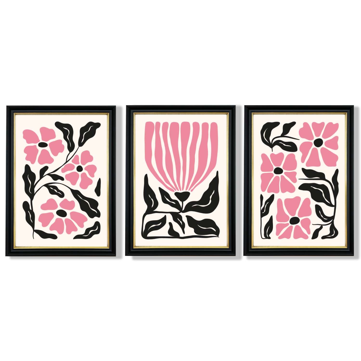 Set of 3 Boho Pink Black Floral Framed Art Prints with Vermeer Black and Gold Frames