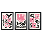 Set of 3 Boho Pink Black Floral Framed Art Prints with Vermeer Black and Silver Frames