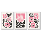 Set of 3 Boho Pink Black Floral Framed Art Prints with White Wooden Frames