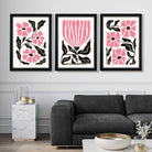 Set of 3 Boho Pink Black Floral Art Prints in Luxury Frames | Artze UK