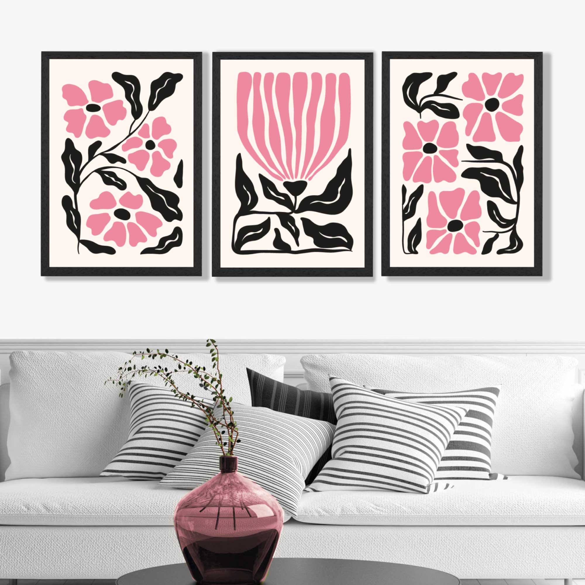 Set of 3 Boho Pink Black Floral Art Prints in Black Frames | Artze UK