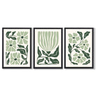 Set of 3 Boho Sage Green Floral Framed Art Prints with Black Wooden Frames