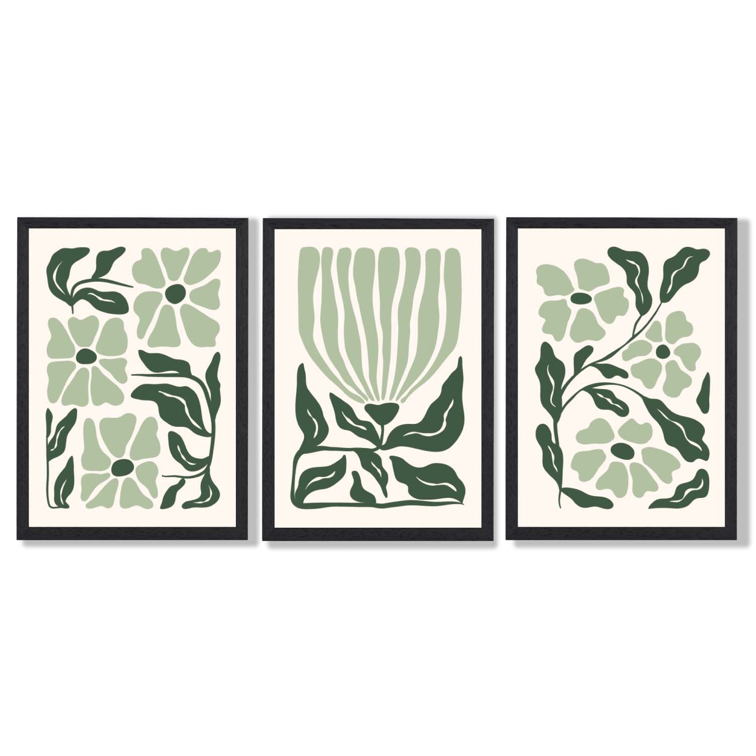 Set of 3 Boho Sage Green Floral Framed Art Prints with Black Wooden Frames