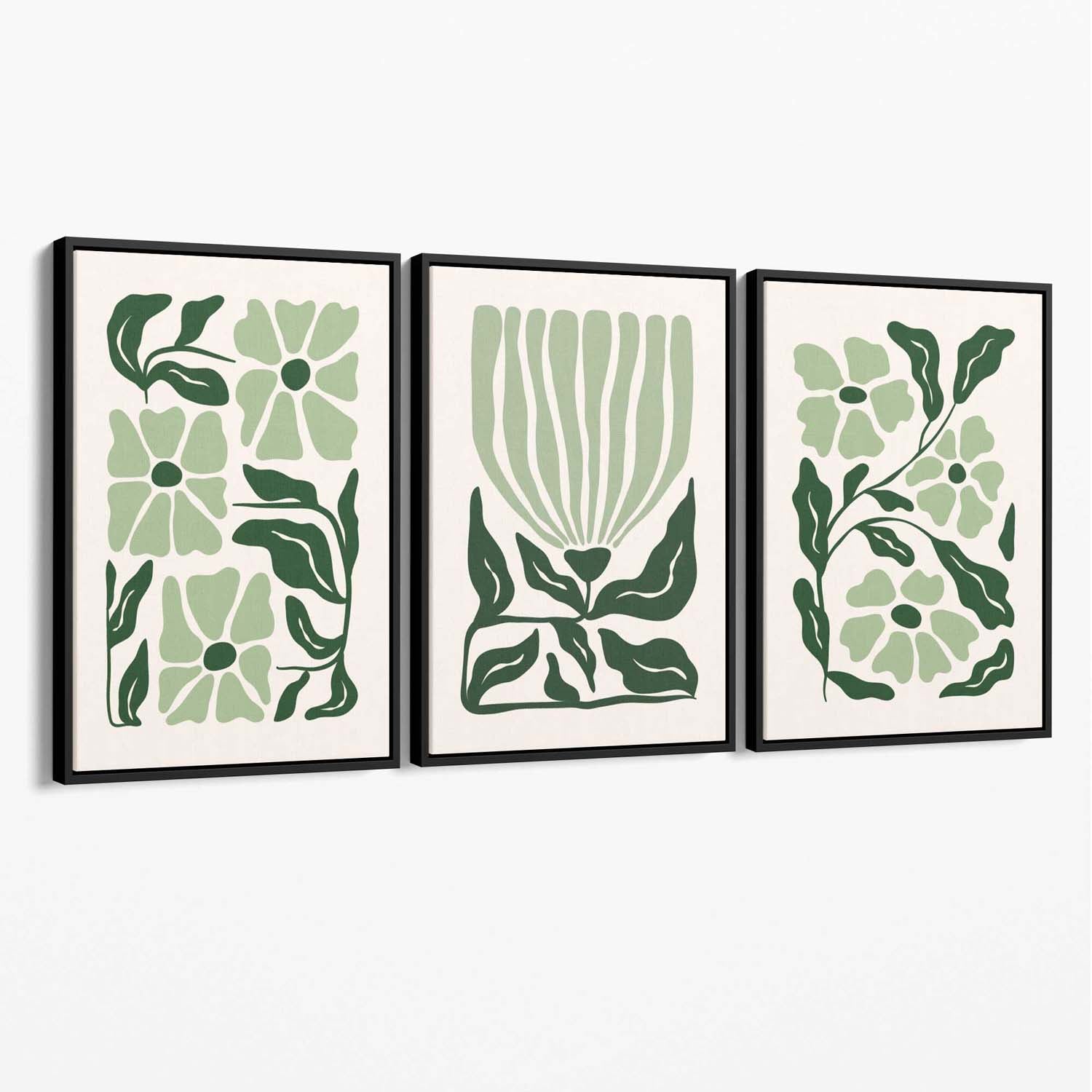 Set of 3 Boho Sage Green Floral Canvas Art Prints with Black Float Frame