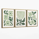 Set of 3 Boho Sage Green Floral Canvas Art Prints with Gold Float Frame