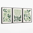 Set of 3 Boho Sage Green Floral Canvas Art Prints with Grey Float Frame