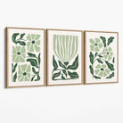 Set of 3 Boho Sage Green Floral Canvas Art Prints with Oak Float Frame