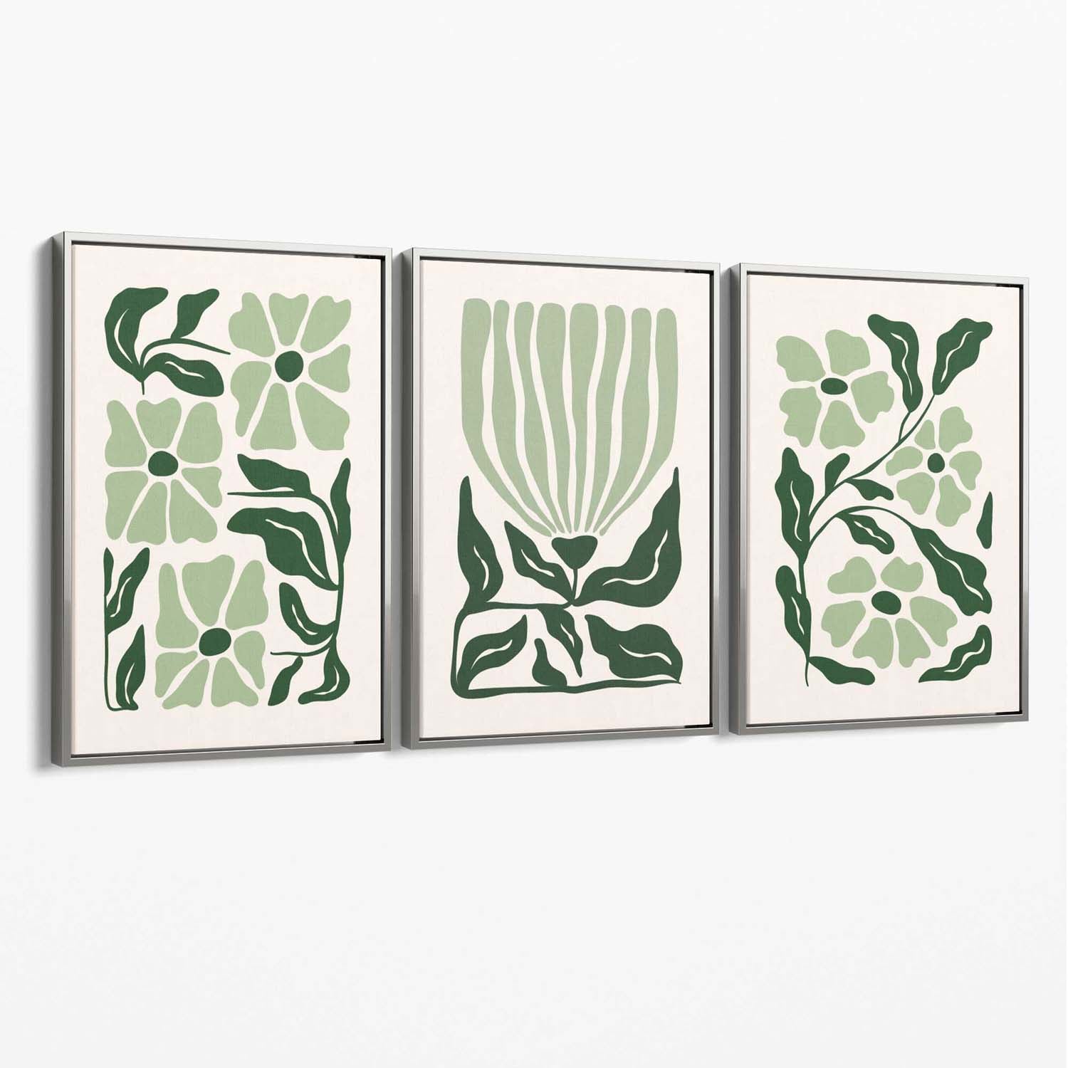 Set of 3 Boho Sage Green Floral Canvas Art Prints with Silver Float Frame