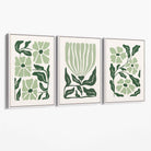 Set of 3 Boho Sage Green Floral Canvas Art Prints with White Float Frame