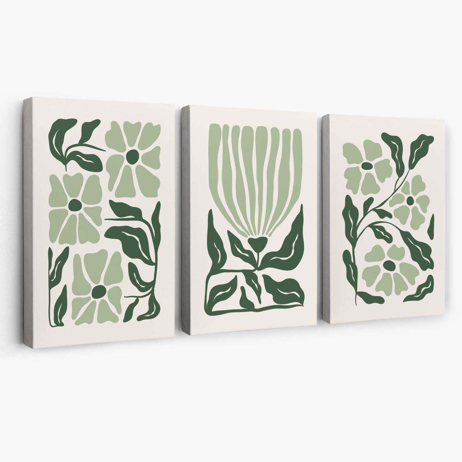 Set of 3 Boho Sage Green Floral Canvas Art Prints | Artze Wall Art