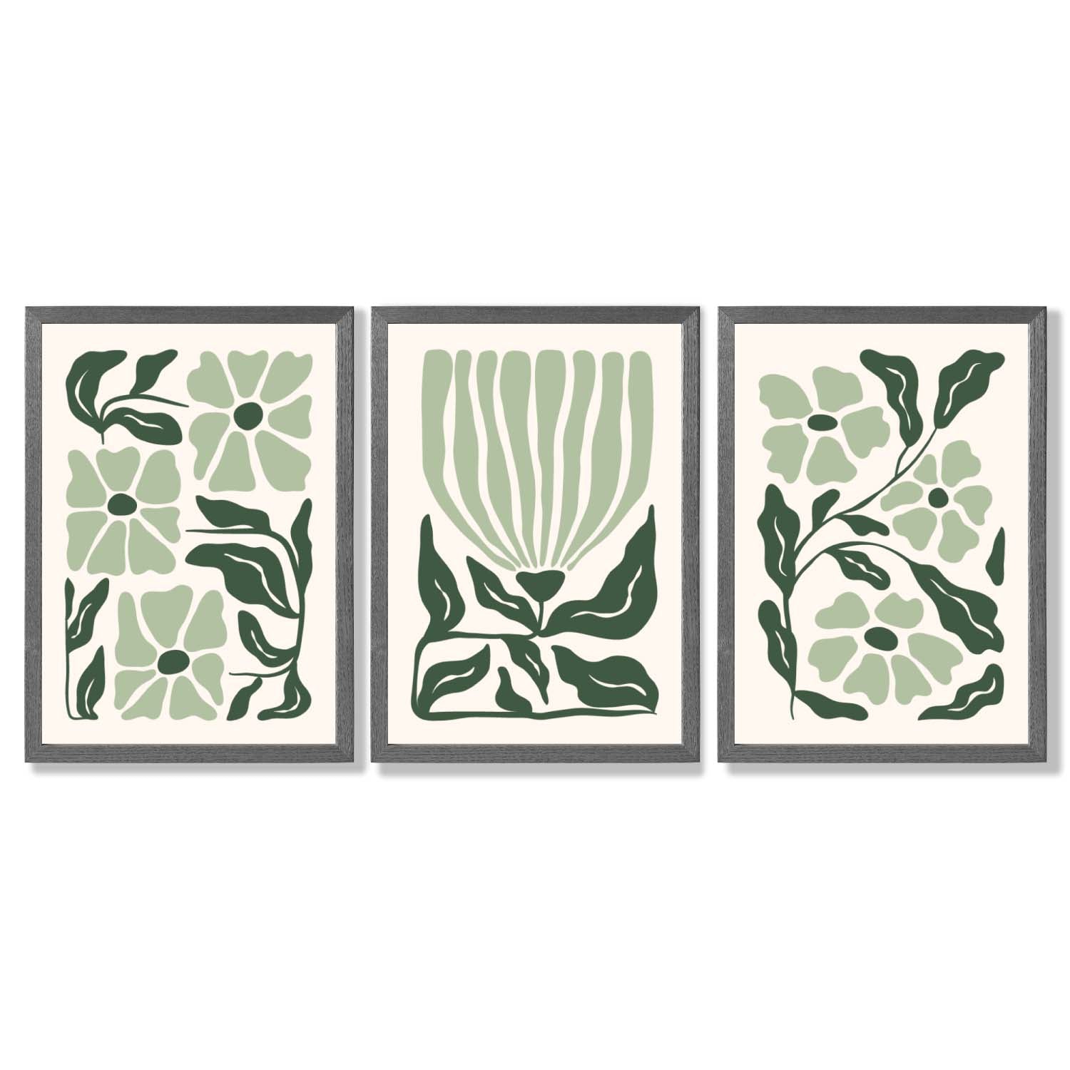 Set of 3 Boho Sage Green Floral Framed Art Prints with Dark Grey Wooden Frames