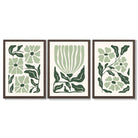 Set of 3 Boho Sage Green Floral Framed Art Prints with Dark Wood Frames