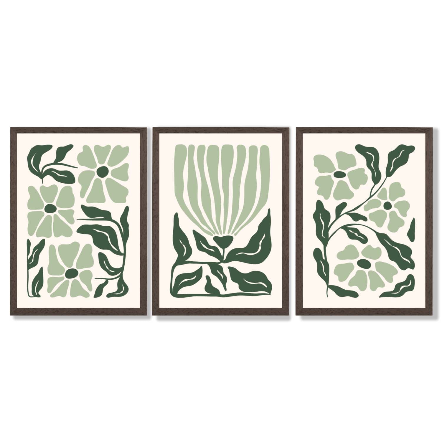 Set of 3 Boho Sage Green Floral Framed Art Prints with Dark Wood Frames